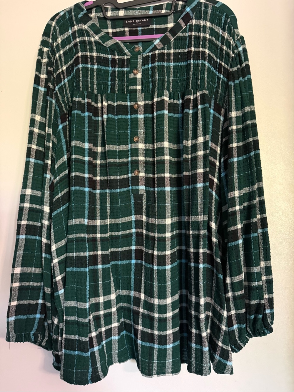 Sz 22/24 Lane Bryant Green Plaid Crinkle Popover Blouse